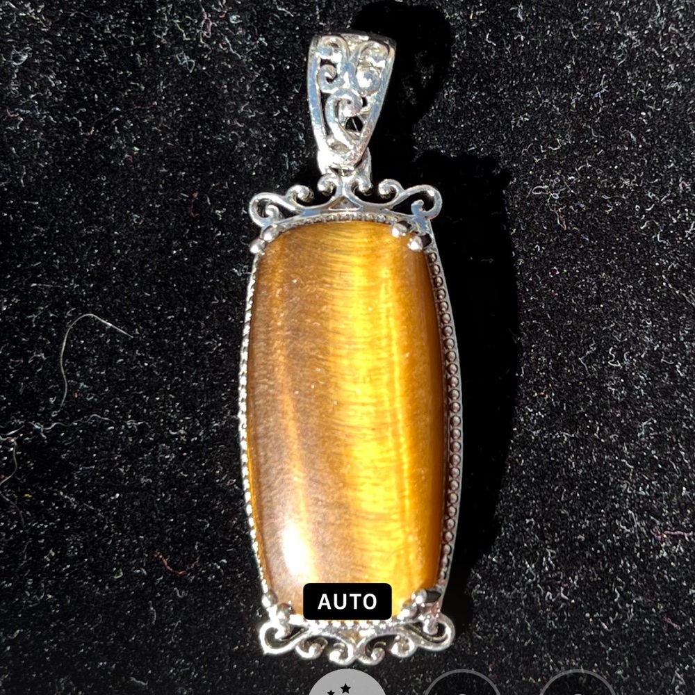 Gorgeous Tiger's Eye Pendant with Ornate Silver Filagree Accents EUC